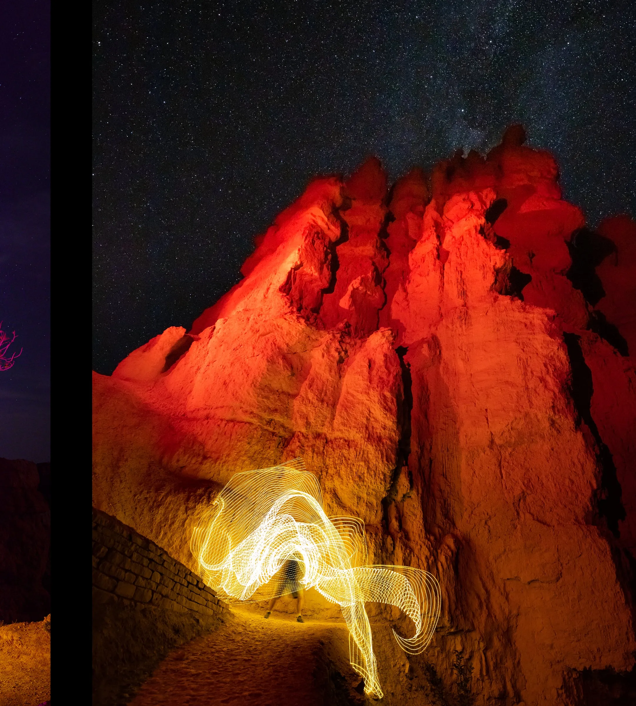 Red-lit hoodoo spires under the stars with a figure sweeping light along the trail