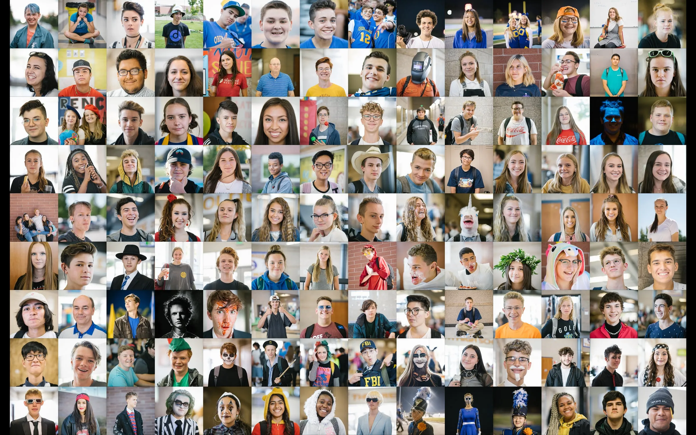 Mosaic of more than a hundred school portraits: students smiling, laughing, and in costume
