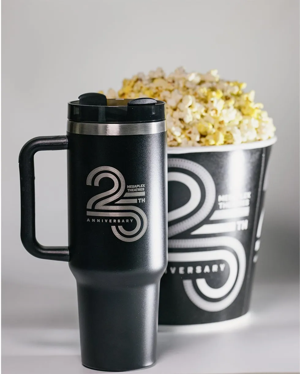 Matte black 25th anniversary tumbler and popcorn tub studio set
