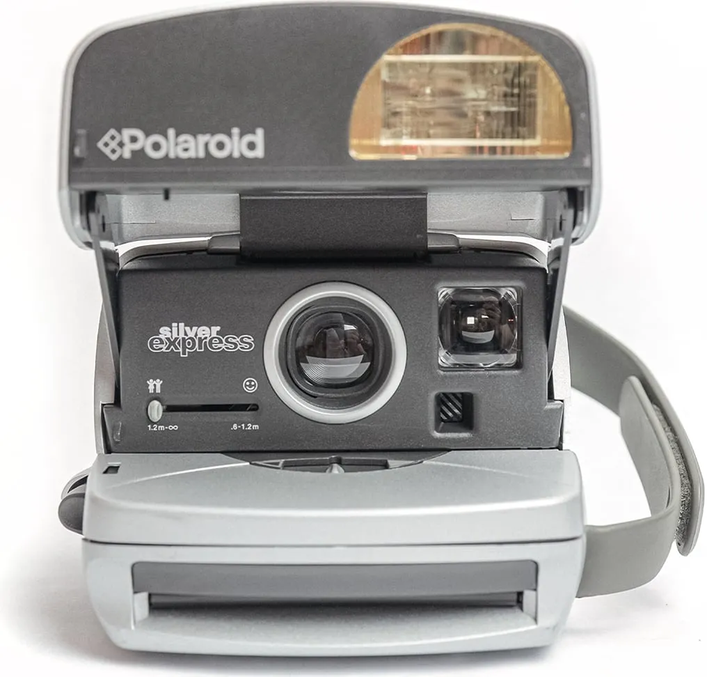 Silver Polaroid Express camera, front view on white